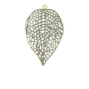 May include: A delicate, antique gold leaf pendant with a detailed, intricate design. The pendant is made of metal and has a loop at the top for hanging.