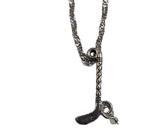 Silver Hockey Stick and Puck Charm Necklace