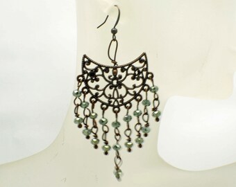 Filigree Chandelier Earrings: Copper, Sea Green Crystal Dangle