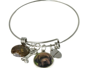 Dog Lovers Pet Breed Photo Bangle Bracelet with Bone Charm