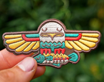 Mountain Wildlife Eagle with Fish Patch | Iron-On Jacket Applique | Fishing Hiking Camping Adventure Badge