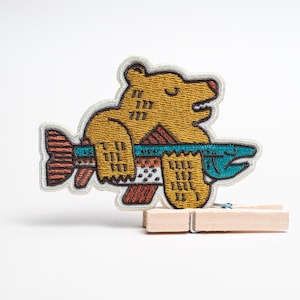 Mountain Wildlife Bear Patch | Iron-On Jacket Applique | Fishing Hiking Camping Adventure Badge