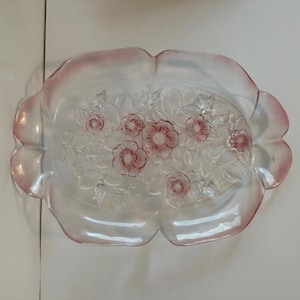 Mikasa Rosella Oval Canape Serving Glass Platter Frosted Pink Flowers and Leaves