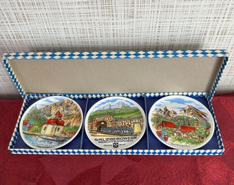 Berchtesgaden souvenir vintage porcelain plates-coasters.  Set of 3 four-inch plates.