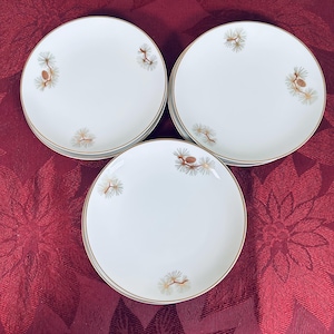 May include: A set of six white ceramic plates with a gold rim and a pine cone and branch design. The plates are arranged in a circular pattern on a red tablecloth.
