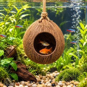 Puede incluir: Un escondite para peces hecho de cáscara de coco marrón con una abertura circular, suspendido por una cuerda de yute gruesa. La cáscara de coco esférica y texturizada sirve como refugio, con un exterior fibroso natural y un interior hueco.