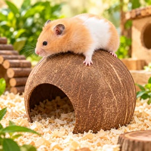 May include: A small hamster with light orange and white fur standing on top of a brown, rounded coconut shell hideout. The hideout has a large circular opening at the front and is placed on a bed of light-coloured wood shavings in a natural setting.