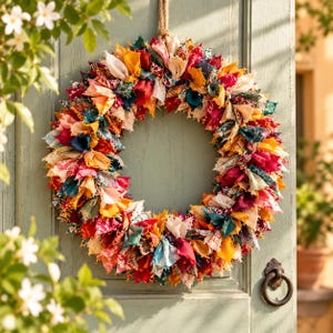 Op de afbeelding: Een ronde krans gemaakt van talloze geknoopte stroken stof in een levendig palet van mosterdgeel, diep magenta, blauwgroen en crème. De stukken stof hebben diverse bloemmotieven en effen patronen, wat zorgt voor een dicht en getextureerd uiterlijk.