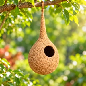 Può includere: Una casetta per uccelli a forma di goccia realizzata con fibre naturali intrecciate di colore marrone. La struttura presenta una parte superiore affusolata con un occhiello per appenderla e un foro d'ingresso circolare sul davanti, sospesa a un ramo.