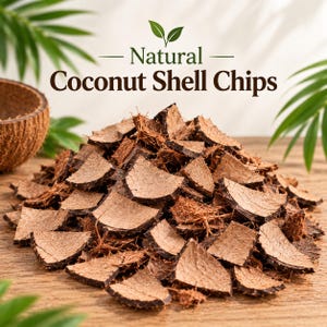 Pode incluir: Uma pilha de lascas de casca de coco castanhas e irregulares com texturas fibrosas. O texto Natural Coconut Shell Chips é exibido acima da pilha, acompanhado por um pequeno ícone de folha verde. Uma casca de coco parcial está à esquerda.