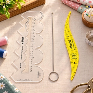 May include: A clear acrylic 4-in-1 fashion template with a 9-inch ruler, a thin metal bodkin with a circular handle, and a yellow plastic tailor's sleeve curve ruler with black markings, all featuring the brand name Deepak and model numbers.