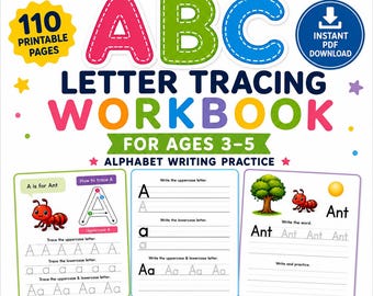 ABC-letteroefenboek voor kinderen van 3-5 jaar | Alfabet schrijfoefening (digitale download)