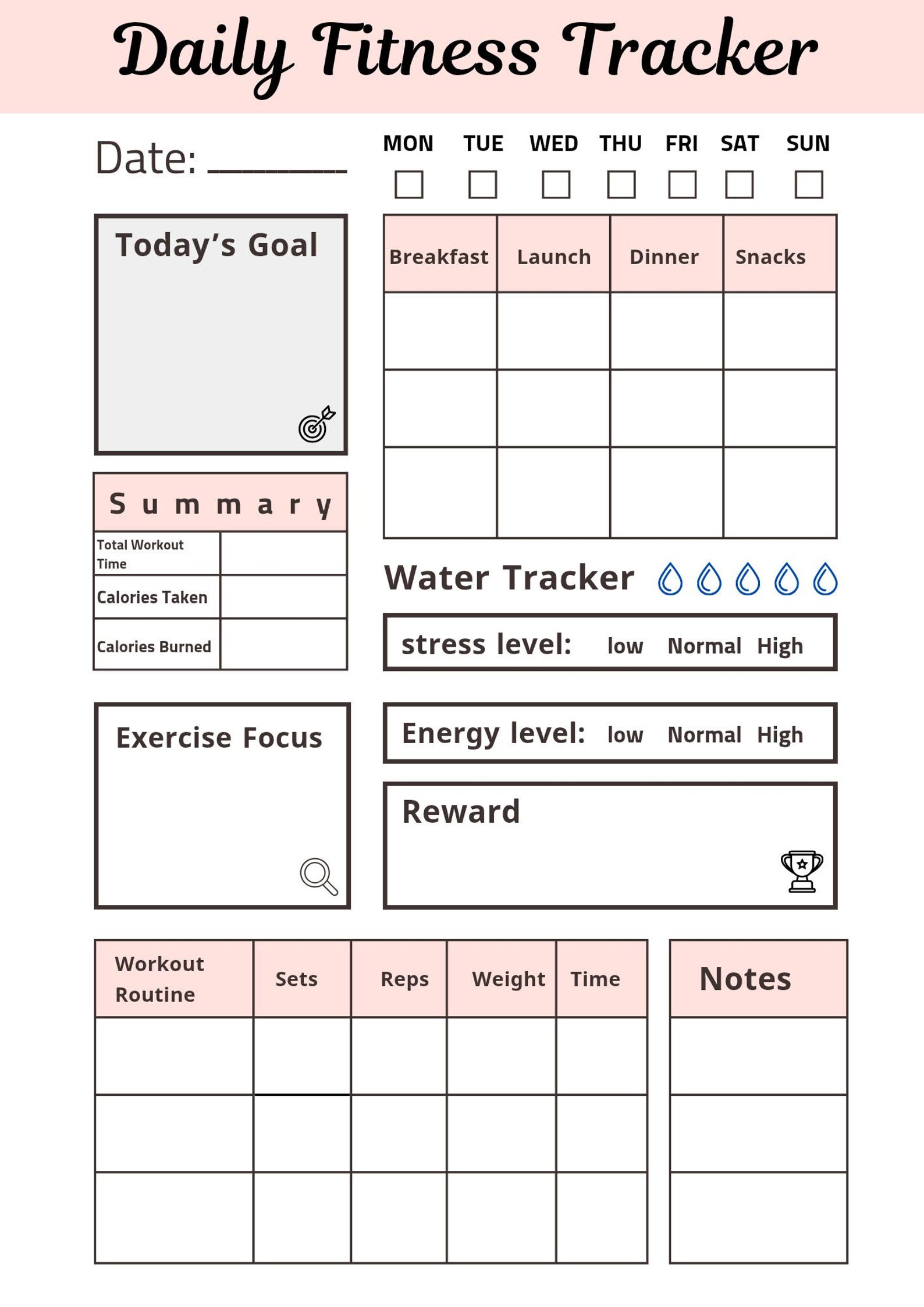 Daily Fitness Tracker Printable PDF | Workout Planner, Meal Log ...