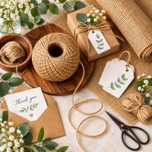Könnte beinhalten: Eine Geschenkbox aus braunem Kraftpapier, ein Knäuel Jutegarn, eine Holzschale, eine Rolle Jute-Stoff, eine schwarze Metallschere, weiße Geschenkanhänger mit einer grünen Blattillustration und eine Dankeskarte mit Herz- und Blattmotiv.