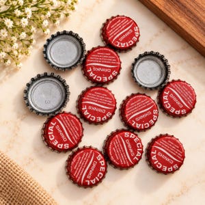 Puede incluir: Un conjunto de doce chapas metálicas circulares para botellas, algunas mostrando el interior plateado y otras un exterior rojo con el texto blanco SPECIAL DRINKS, dispuestas de forma dispersa sobre una superficie de color claro.