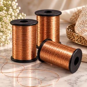 May include: Three cylindrical spools of metallic copper-coloured thread, each featuring black plastic ends. Two spools stand upright while one lies horizontally in the foreground. A thin, loose strand of the same copper thread extends outward.