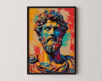 Marcus Aurelius Pop Art Portrait, Roman Emperor Wall Art Canvas, Stoic Philosophy Poster, Colorful History Print, Office Decor, Gift for Him