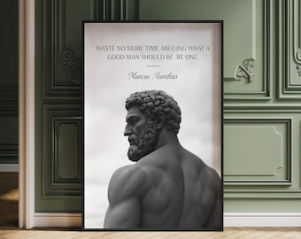 May include: Black and white framed print featuring a bust of Marcus Aurelius. The print includes the quote "WASTE NO MORE TIME ARGUING WHAT A GOOD MAN SHOULD BE. BE ONE." and the author's name. The artwork is displayed on a wall.