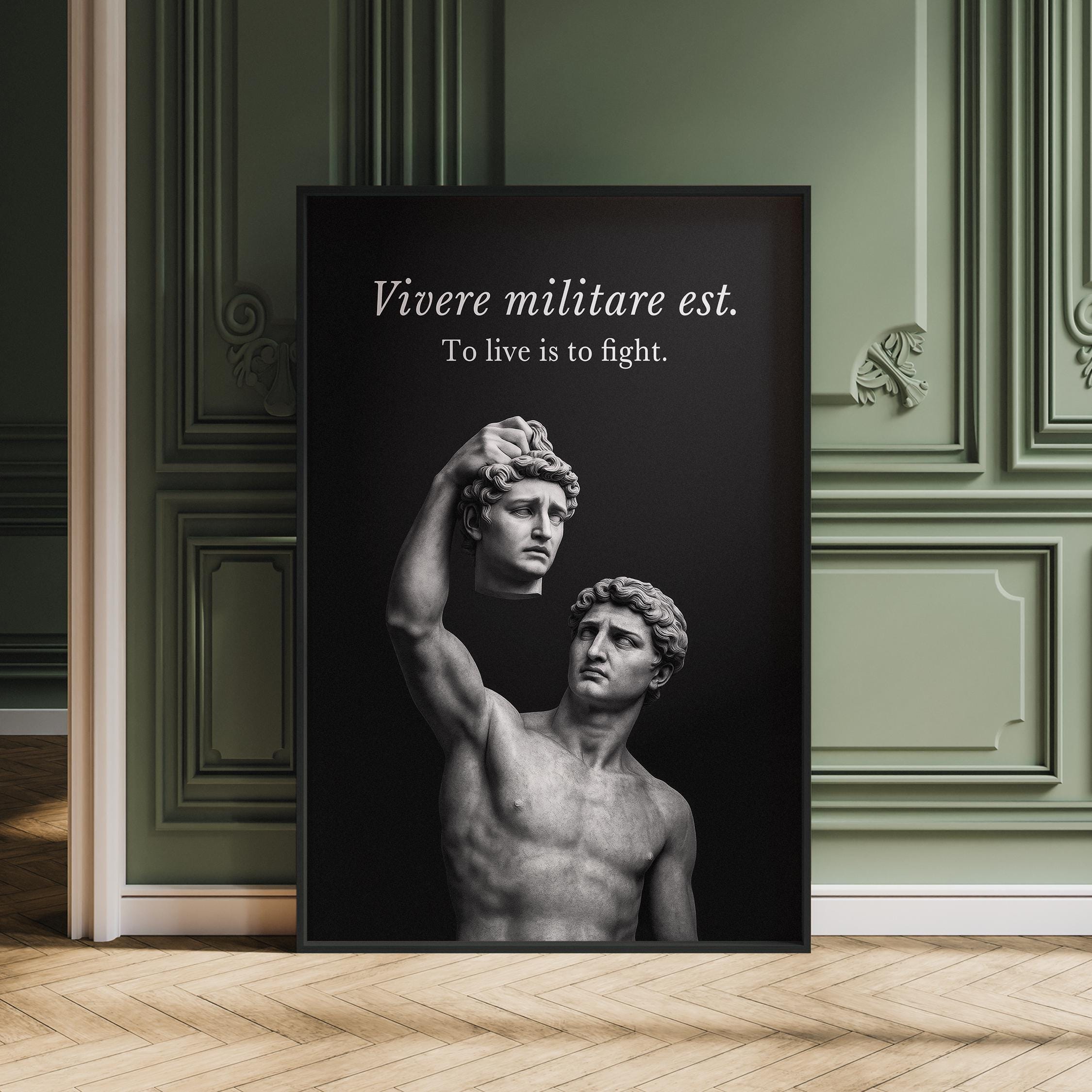 Latin Quote Wall Art Vivere Militare Est Seneca Philosophy Canvas Classical Statue Print Greek Mythology Poster Office Decor Gift for Men
