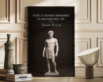 Alexander the Great Wall Art Greek Statue Canvas Motivational Quote Print Classical Marble Sculpture Poster Man Cave Office Decor Gift