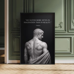 Seneca Stoic Quote Wall Art: Roman Philosopher Statue Canvas Print, Motivational Office Decor