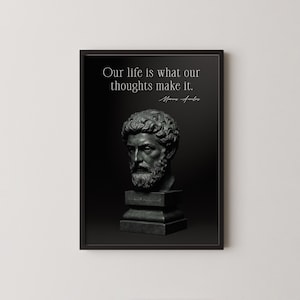 Arte de pared con cita estoica de Marco Aurelio, impresión en alto contraste, póster, busto en blanco y negro, filosofía, decoración, regalo para él, academia oscura, decoración de oficina
