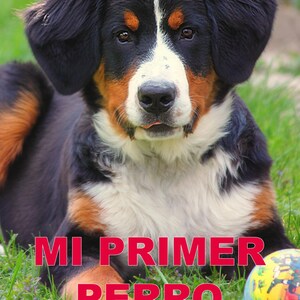 May include: A book cover showing a Bernese Mountain Dog puppy on grass, with the title "MI PRIMER PERRO" in red. The author's name, Michael Schuerz, is at the top. The book is a guide for those welcoming a dog into their family.