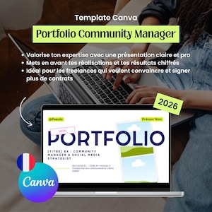 Op de afbeelding: Een laptopscherm toont een portfolio-sjabloon met de titel "Portfolio Community Manager". Het ontwerp bevat het Canva-logo, een Franse vlag-icoon en tekst in het Frans. Het scherm toont een portfolio-indeling met het woord "PORTFOLIO".