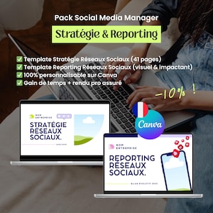 May include: A promotional image for a social media manager pack. The image features two laptops displaying "Stratégie Réseaux Sociaux" and "Reporting Réseaux Sociaux" templates. The image includes the Canva logo and text indicating a 10% discount.