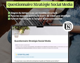 Könnte beinhalten: Ein Laptop mit einer Vorlage "Questionnaire Stratégie Social Media". Der Bildschirm zeigt französischen Text, darunter "Modèle Notion" und Aufzählungszeichen. Ein weißes "N"-Logo ist zu sehen. Der Laptop liegt geöffnet auf dem Schoß einer Person.