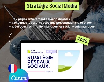 May include: A laptop displaying a Canva template for social media strategy. The screen shows the text "STRATÉGIE RÉSEAUX SOCIAUX" and "2025/2026". Additional text includes "+40 pages entièrement personnalisables" and "Idéal pour Community Managers et Social Media Managers". A French flag and the Canva logo are also visible.