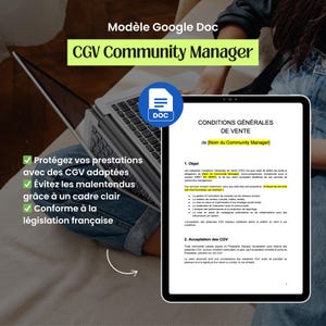 Peut inclure: Un ordinateur portable et une tablette affichant un modèle Google Doc pour les conditions générales d'un Community Manager. La tablette affiche le titre du document en français, avec des puces et le texte "CGV Community Manager" dans une bannière verte.