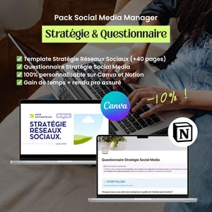 Peut inclure: Un ordinateur portable affiche un modèle de stratégie de médias sociaux et un questionnaire, avec le logo Canva visible. L'image comprend du texte en français, soulignant les fonctionnalités telles qu'un modèle de stratégie de médias sociaux et des options de personnalisation.