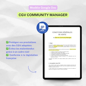 Può includere: Un tablet digitale mostra un documento intitolato "CONDITIONS GÉNÉRALES DE VENTE" in francese, con il testo "CGV COMMUNITY MANAGER" in alto. Un'icona blu del documento è al centro. Il documento è su sfondo bianco.