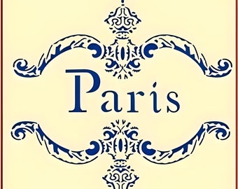 Op de afbeelding: Een blauw en wit decoratief ontwerp met het woord "Paris" in het midden. Het ontwerp heeft sierlijke swirls en een kroonvormige vorm bovenaan en onderaan.