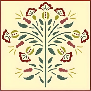 Puede incluir: Un diseño floral estilizado con flores rojas, verdes y amarillas sobre un fondo crema. Las flores tienen una forma geométrica simple y están dispuestas en un patrón simétrico.