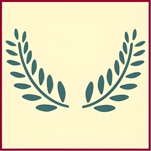 May include: A pair of teal green laurel wreaths on a pale yellow background with a red border.