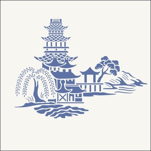 Blue Willow Stencil - 14&quot; x 10.5&quot; Japanese Pagoda Asian Temple Oriental Chinese Wall Flower Tree Craft Painting - The Artful Stencil