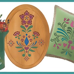 May include: A collection of painted wooden items featuring a traditional Scandinavian folk art design. The items include a cabinet, a tray, a pillow, a box, and a heart-shaped ornament. The designs are painted in bright colors, including red, blue, green, and yellow.
