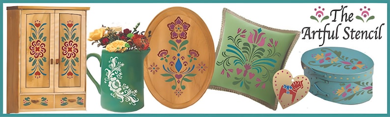 May include: A collection of painted wooden items featuring a traditional Scandinavian folk art design. The items include a cabinet, a tray, a pillow, a box, and a heart-shaped ornament. The designs are painted in bright colors, including red, blue, green, and yellow.