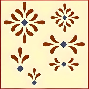 May include: A tile with a cream background and a red border features five brown stylized floral designs with blue diamond centers. The designs are arranged in a symmetrical pattern.