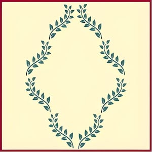 May include: A decorative frame with a diamond shape made of green leafy branches on a light yellow background.