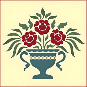 Peut inclure: Un vase en céramique bleu avec des accents dorés et trois roses rouges avec des feuilles vertes.