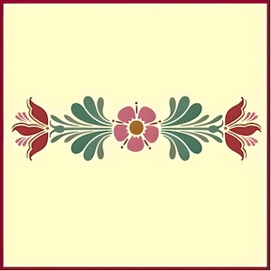 以下が含まれることがあります： 中央にピンクの花、緑の葉、赤い花で構成された装飾的な花の模様。デザインはクリーム色の背景にバーガンディのボーダーで配置されており、インテリア装飾に最適です。