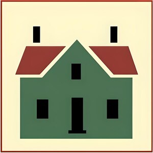 May include: A green house with a red roof and black windows and door. The house has two chimneys.
