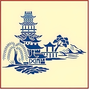 May include: Blue and white Chinese-style illustration of a pagoda, a willow tree, a small pavilion, and a mountain range. The image is on a cream background.