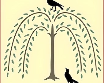 Willow and 2 Crows - 10&quot; x 9&quot; - Primitive Bird Stencil Raven and Tree for Painting Home Decor DIY Crafts - The Artful Stencil