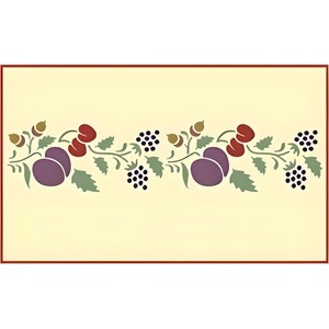 Puede incluir: Un diseño de plantilla con un patrón repetitivo de ciruelas, bayas y hojas. El diseño está en tonos de morado, rojo, verde y marrón.