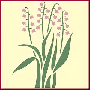 May include: A stencil of a bouquet of lily of the valley flowers with pink blossoms and green leaves.