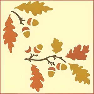 May include: A stylized illustration of an oak branch with brown leaves and acorns. The leaves are in shades of orange, red, and yellow. The acorns are brown with a yellow cap.